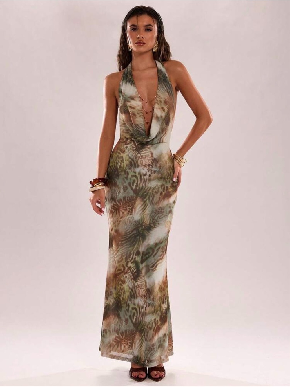 Plunging Halter Maxi Dress in Green Brown Print